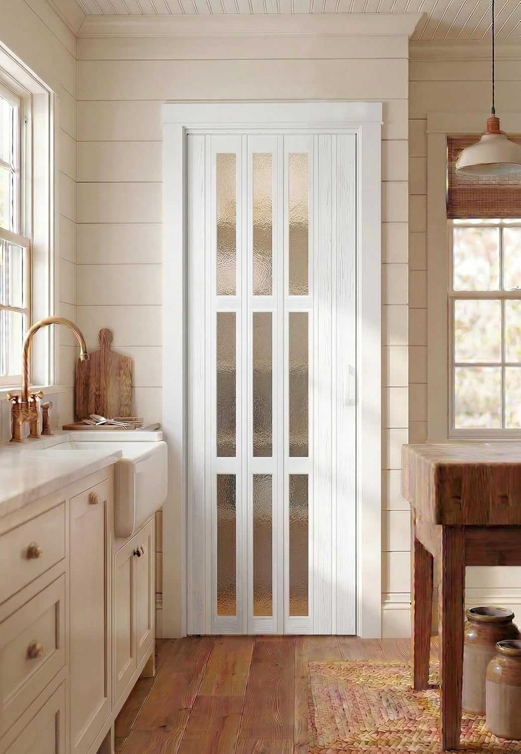 SmartStandard 30" x 80" Accordion Doors Interior, Double-Layer Accordion Doors for Doorway Closet Bathroom, PVC Folding Door Interior with Frosted Acrylic Glass, Full-Side Magnetic Strip, White