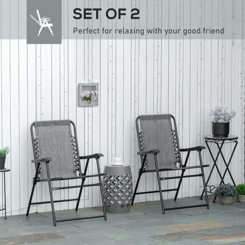 Set of 2 Patio Folding Chairs, Outdoor Bungee Sling Chairs w, Armrests, Portable Lawn Chairs for Camping, Garden, Pool, Beach, Backyard, Gray