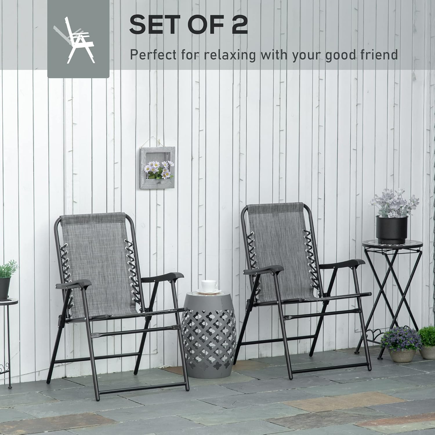 Set of 2 Patio Folding Chairs, Outdoor Bungee Sling Chairs w, Armrests, Portable Lawn Chairs for Camping, Garden, Pool, Beach, Backyard, Gray