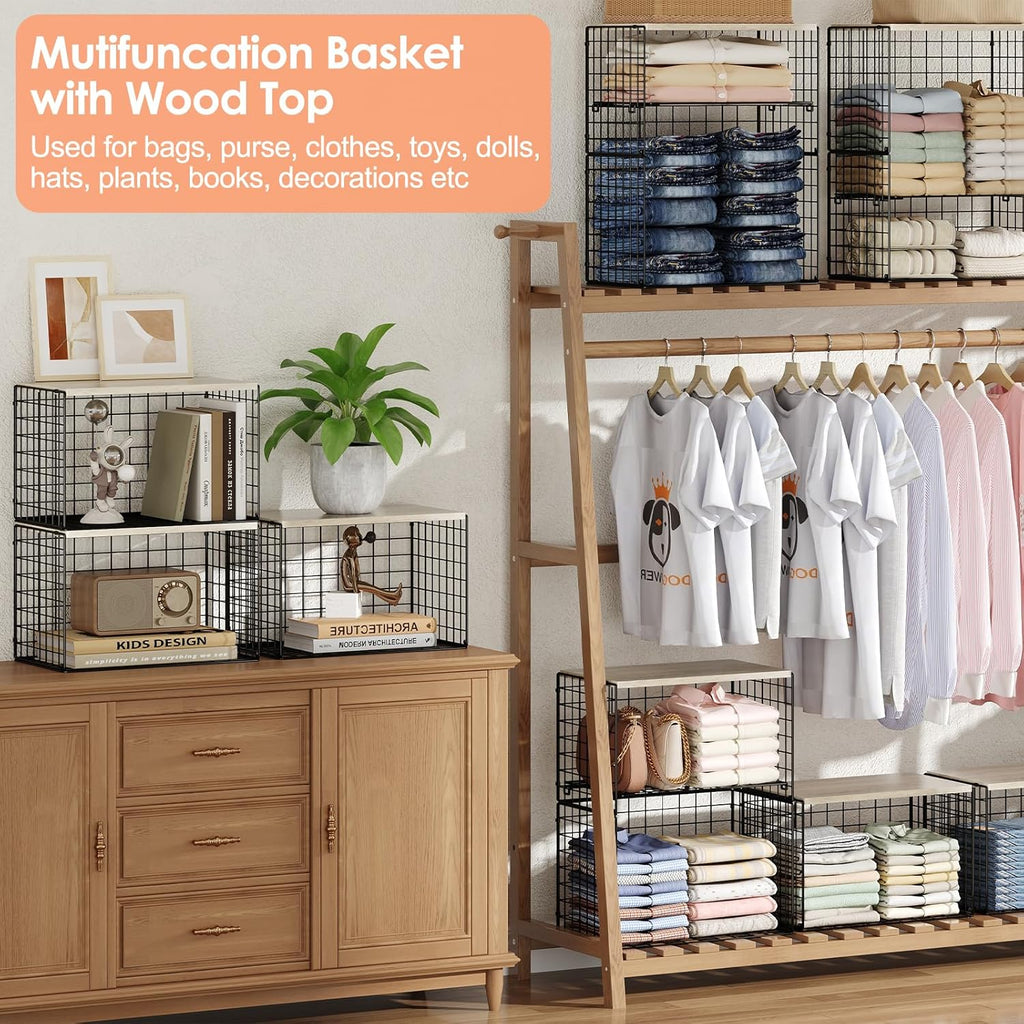 5-Tier Large Stackable Closet Organizer and Storage Basket, Sturdy Closet Shelf Organizer with Wood Top, Stackable Storage Bins Cubes for Clothes with Adjustable Shelf for Wardrobe Organization