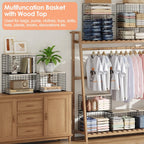 5-Tier Large Stackable Closet Organizer and Storage Basket, Sturdy Closet Shelf Organizer with Wood Top, Stackable Storage Bins Cubes for Clothes with Adjustable Shelf for Wardrobe Organization