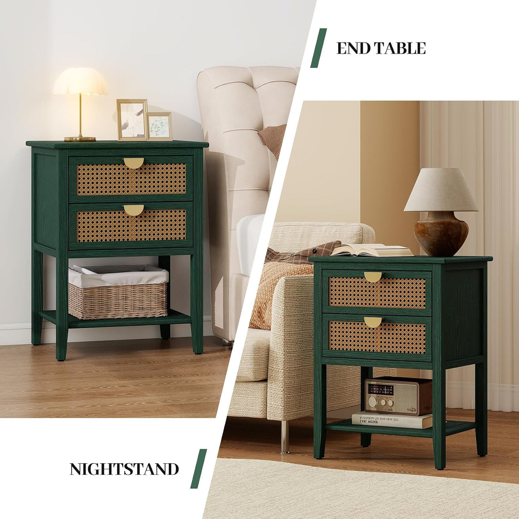 Rattan End Table with 2 Drawers & 1 Open Storage Shelf, Wood Side Table with Golden Semi-Circular Handles & Solid Wood Legs, Boho Nightstand for Bedroom & Living Room, Green, 1 PC