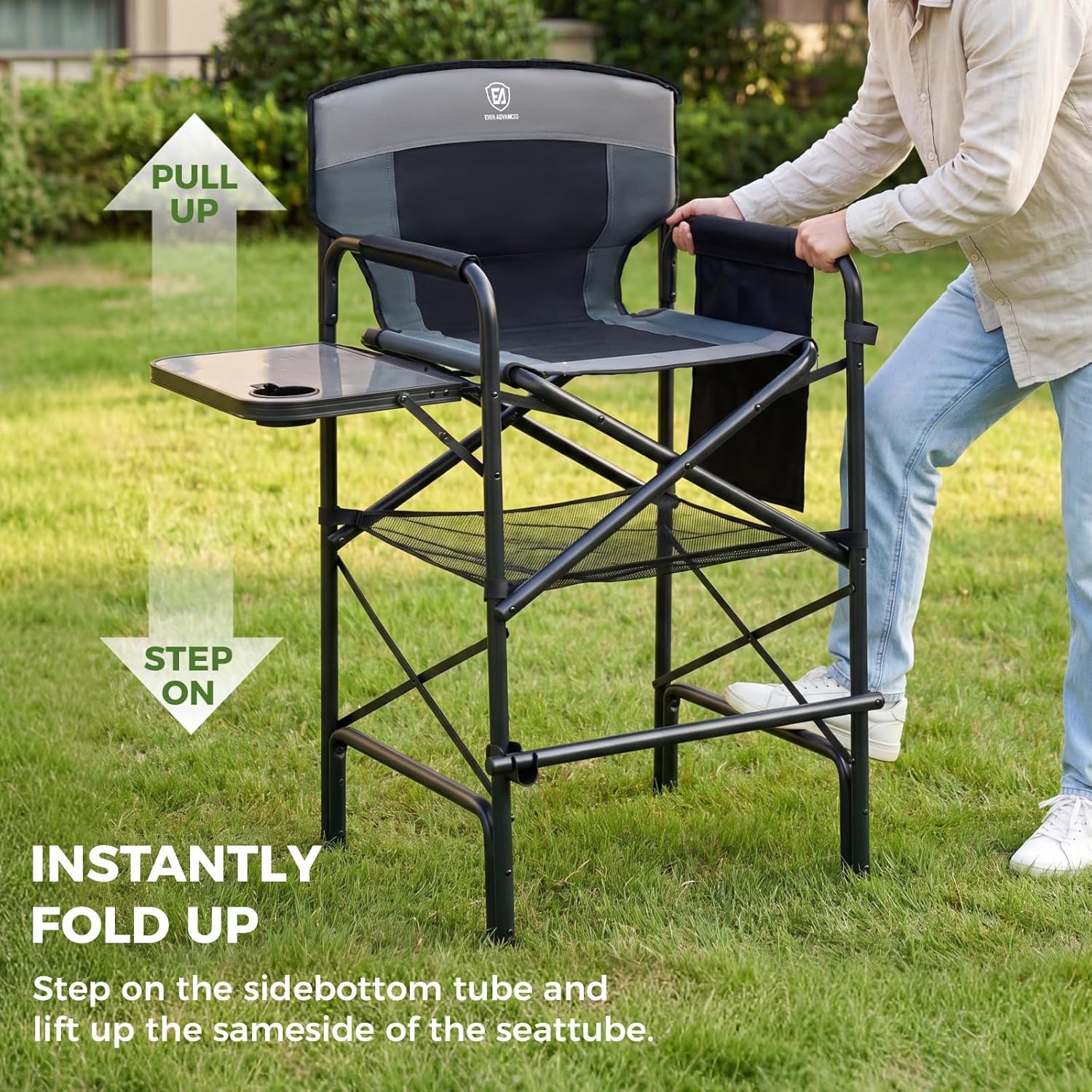 EVER ADVANCED 30.7" Seat Height Tall Directors Chair with Side Table, Foldable Bar Stool & Camping Chair for Makeup Artist, Sports Events and Craft Shows, Supports 350lbs, Grey/Black