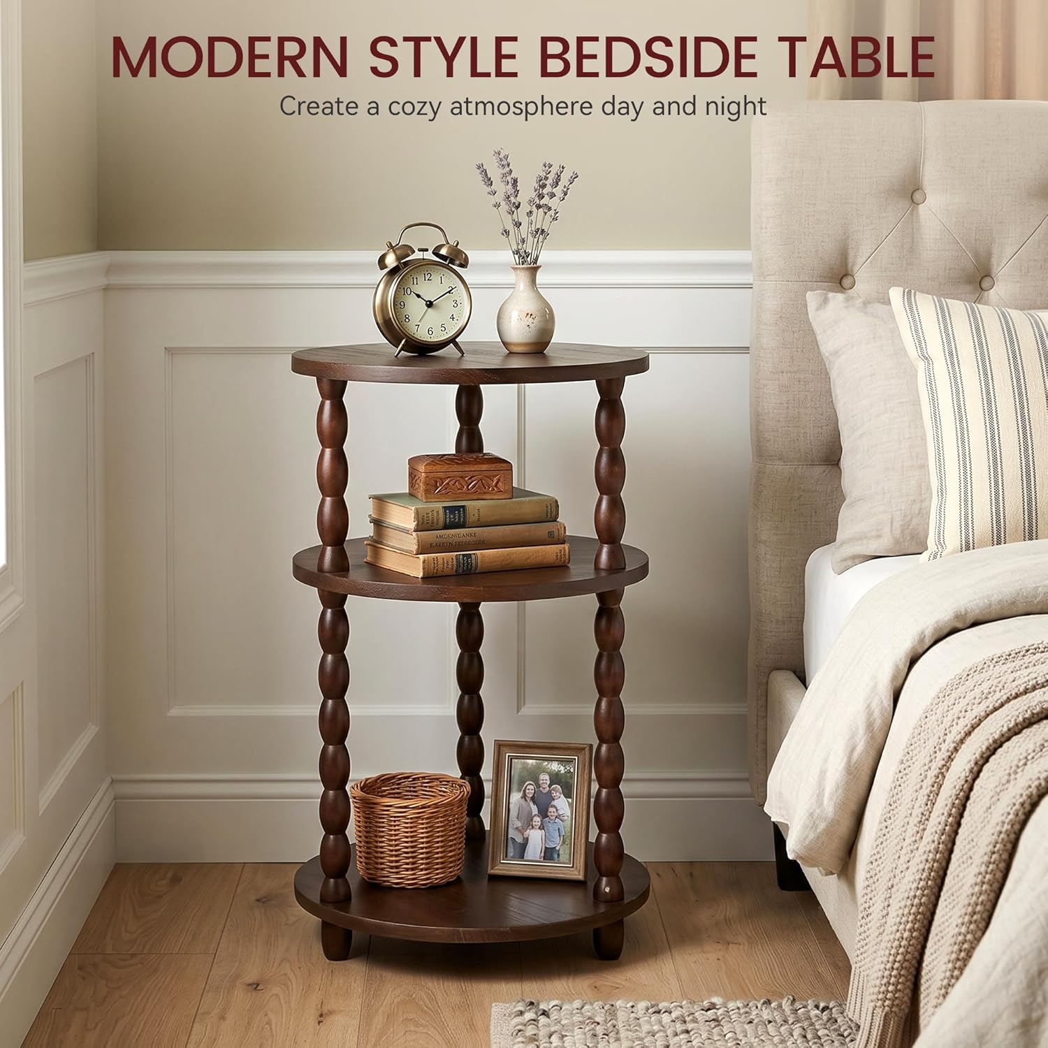 Small Round Side Table, 3-Tier Solid Wood End Table with Storage Shelf, Modern Bedside Tables Night Stand for Living Room, Bedroom, College Dorm, Small Space (Rustic Brown)