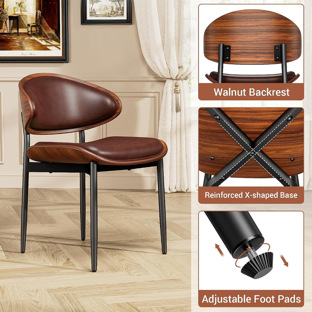 YaFiti Dining Chairs Set of 6, Dining Room and Kitchen Chairs, Mid Century Modern Retro Chair, Upholstered PU Leather Chairs for Vanity with Walnut Bentwood and Metal Legs(Brown)