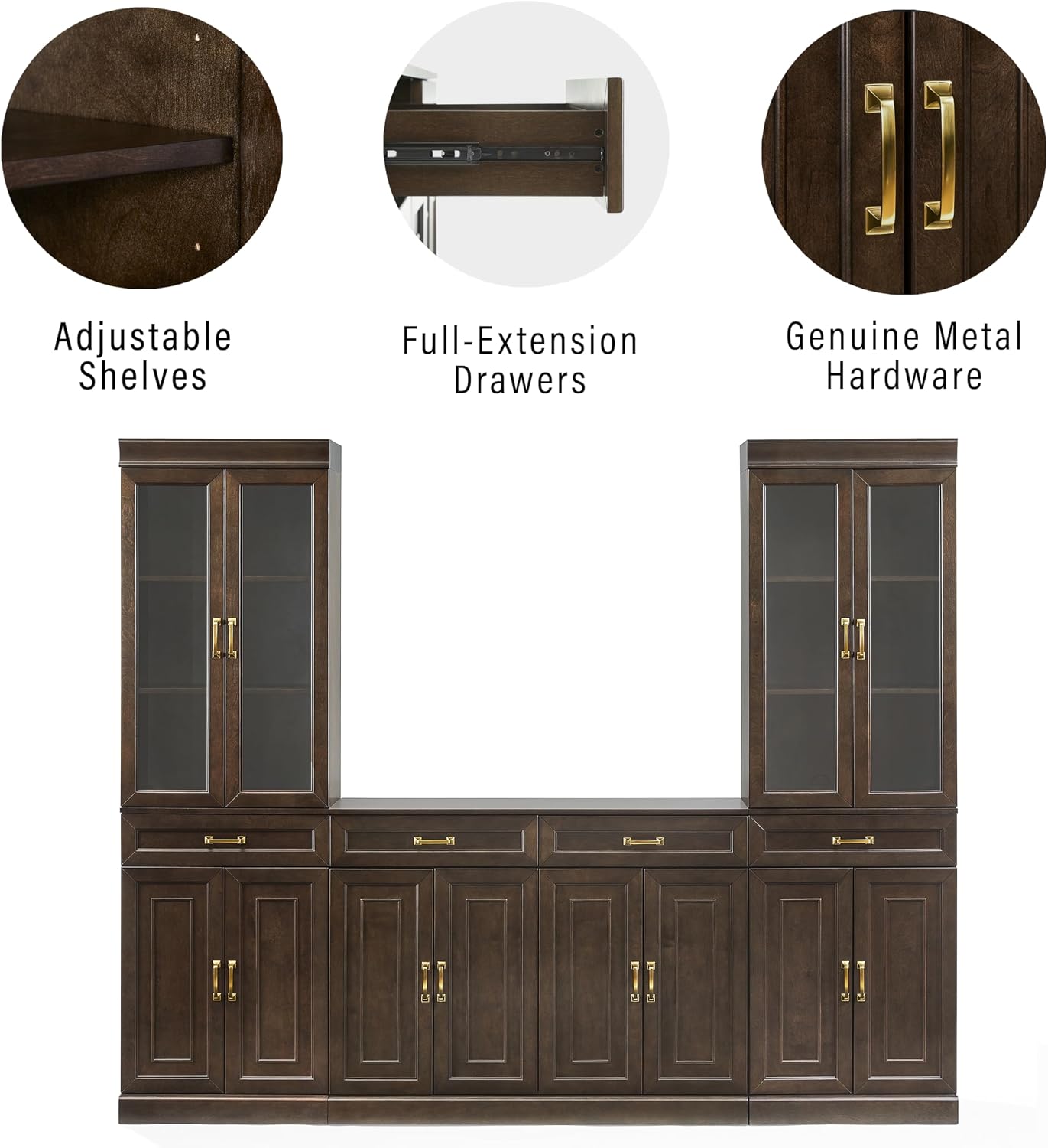 Crosley Furniture Stanton 3-Piece Sideboard Buffet Cabinet and Glass Door Kitchen Storage Pantry Set, Coffee