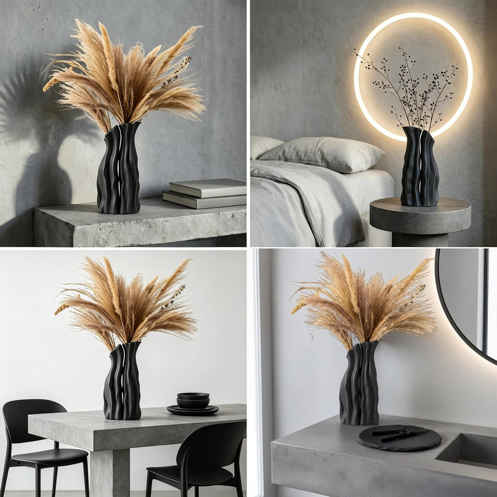 Modular Rockery Art Vase Set of 2, Separatable Centerpiece Table Decorations - 11" Tall Matte Black Ceramic Vases for Flowers, Pampas Grass, Modern Nordic Boho Home Decor (Black)
