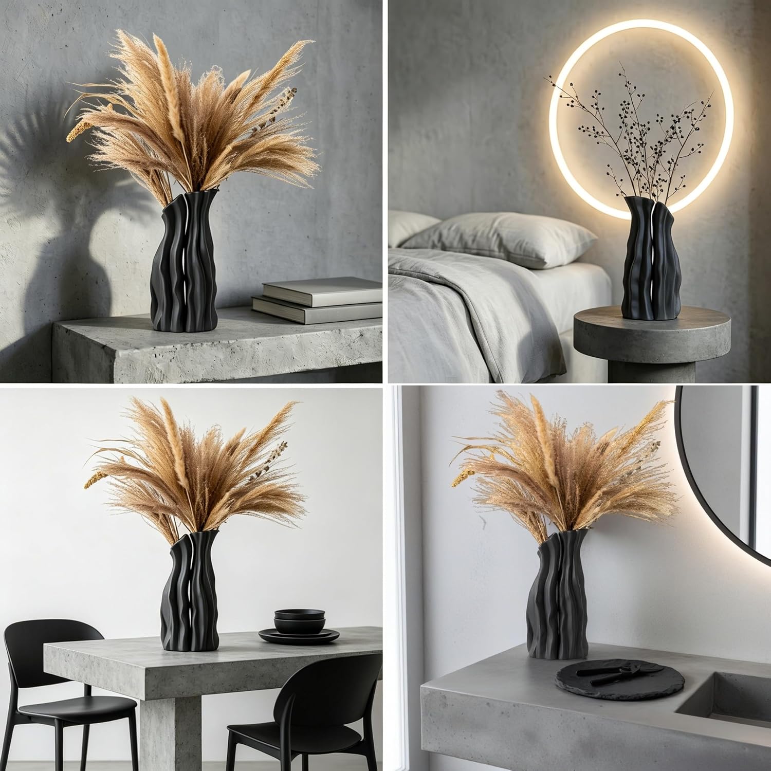 Modular Rockery Art Vase Set of 2, Separatable Centerpiece Table Decorations - 11" Tall Matte Black Ceramic Vases for Flowers, Pampas Grass, Modern Nordic Boho Home Decor (Black)
