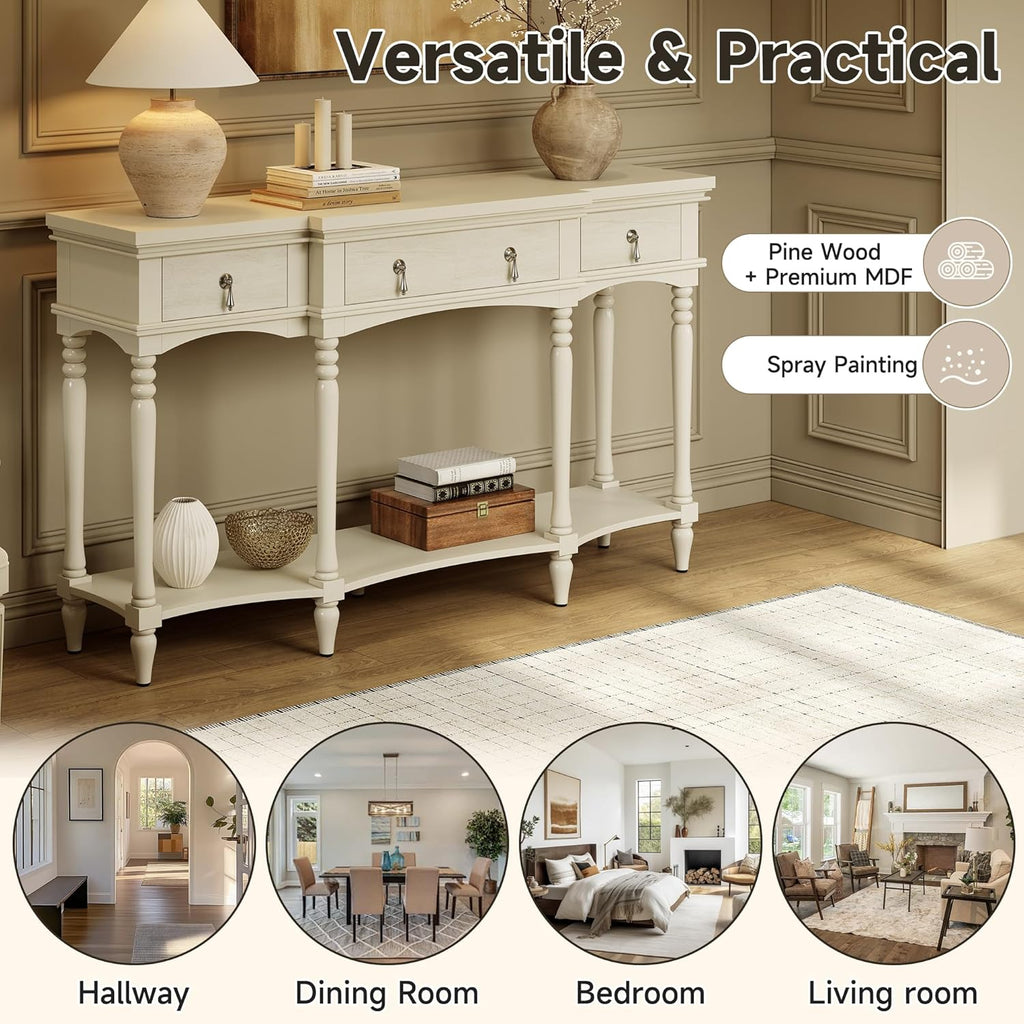 Christopher Knight Home Cally Wood Console Table with Drawers & Bottom Shelf, Narrow Entryway Table with Turned Roman Legs, Traditional Rectangular Wall Table for Living Room Study Hallway, White