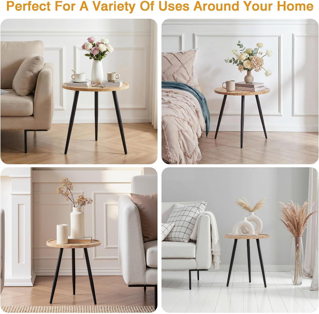 VECELO Modern Side Table, Round Small End Table, Exclusively Designed Hand-Crafted Small Nightstand, Solid Wood,Natural top with Black Metal Legsfor Bedrooms, Living Rooms and Home Office