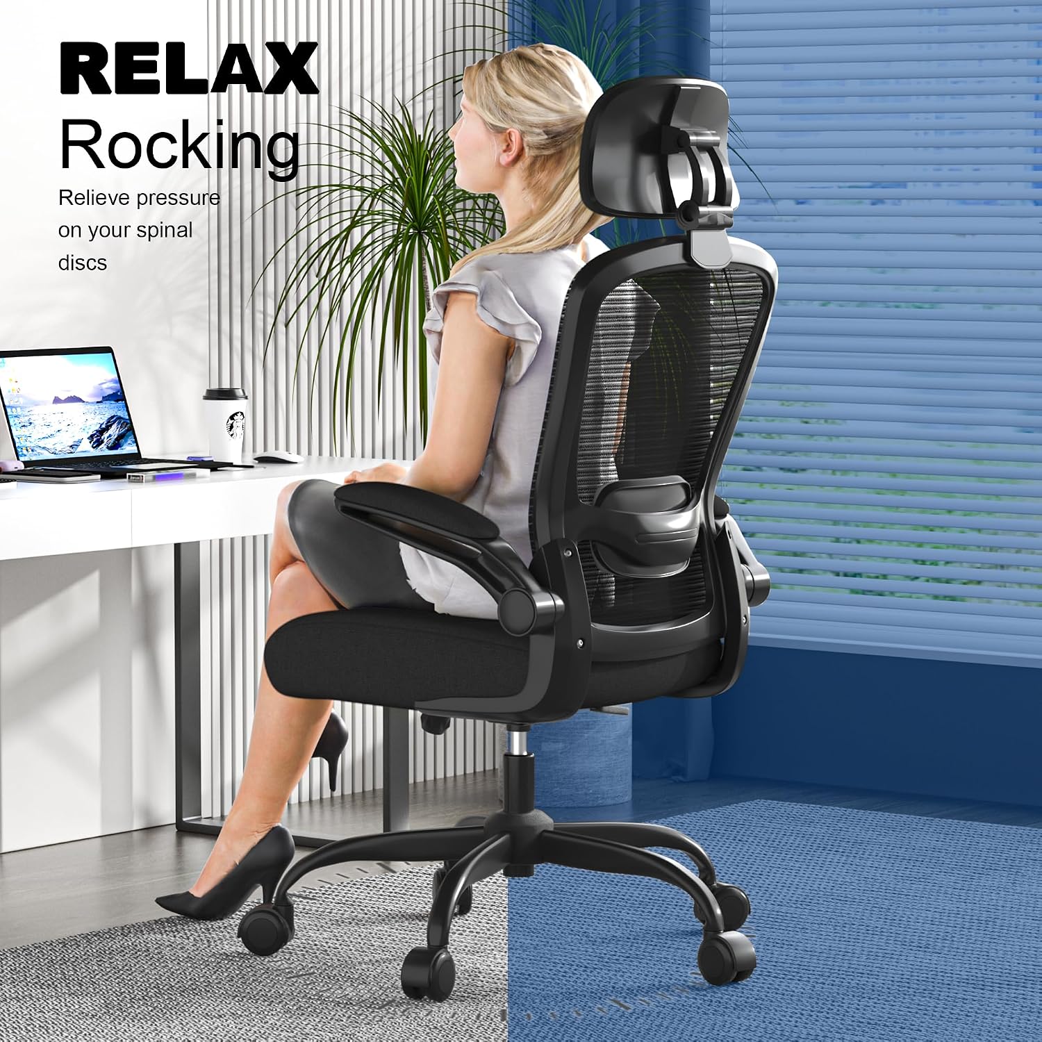 Mimoglad Office Chair, High Back Ergonomic Desk Chair with Adjustable Lumbar Support and Headrest, with flip-up Armrests for Guitar Playing, 5 Years Warranty (Modern, Black(Black Frame))