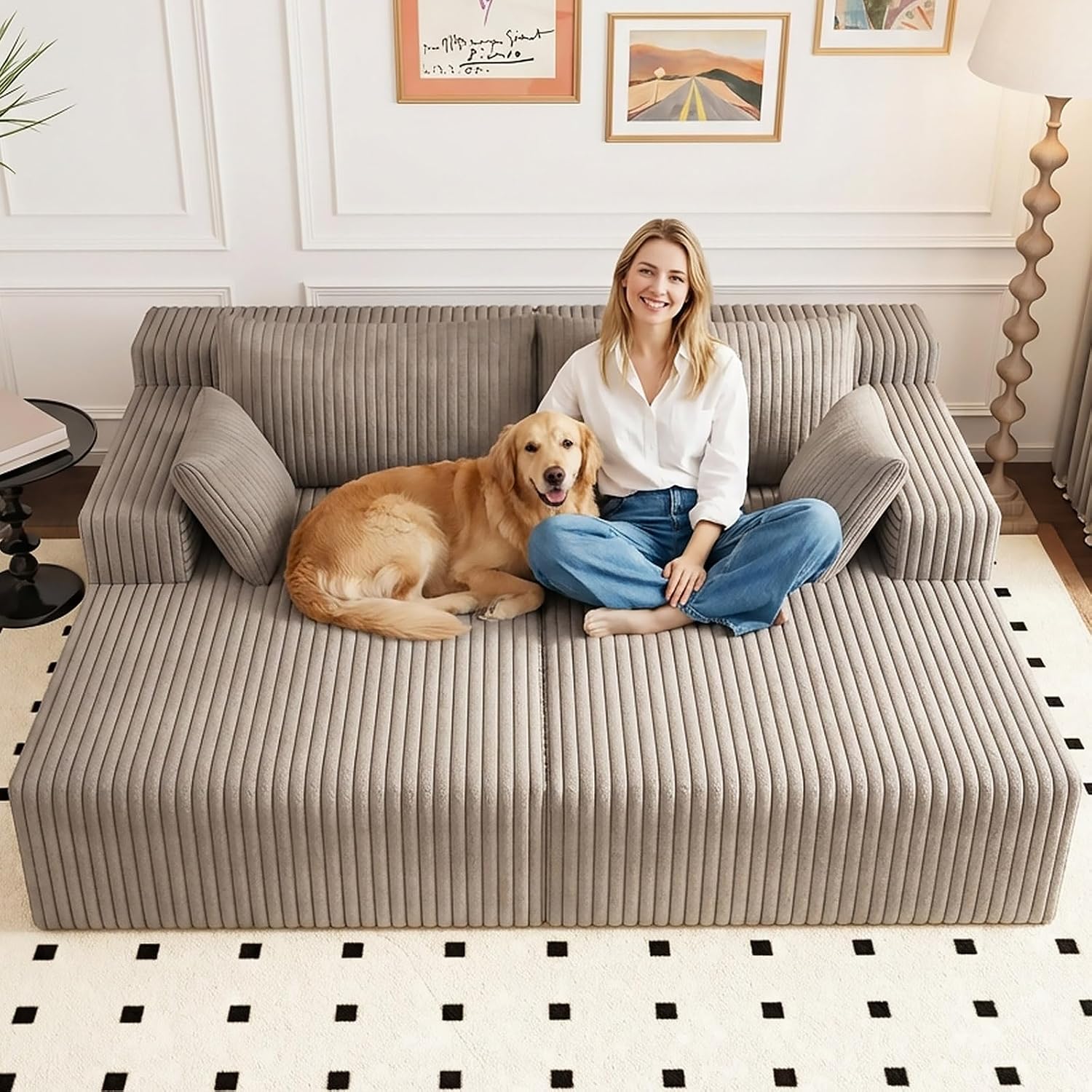 71" Oversized Double Chaise Lounges Indoor, Upholstered Corduroy Oversized Chaise Lounge Chair, Modern Sleeper Loveseat Chair Boneless Cloud Couch for Living Room Bedroom Reading (Camel)