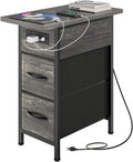 Huuger Narrow End Table with Charging Station, Flip Top Side Table with 2 Fabric Drawers, Slim Night Stand with USB-C Port for Small Spaces, Nightstand Bedside Couch Table, Living Room, Grey