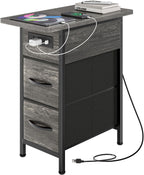 Huuger Narrow End Table with Charging Station, Flip Top Side Table with 2 Fabric Drawers, Slim Night Stand with USB-C Port for Small Spaces, Nightstand Bedside Couch Table, Living Room, Grey