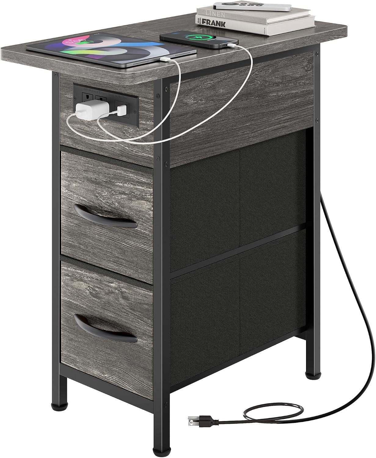 Huuger Narrow End Table with Charging Station, Flip Top Side Table with 2 Fabric Drawers, Slim Night Stand with USB-C Port for Small Spaces, Nightstand Bedside Couch Table, Living Room, Grey