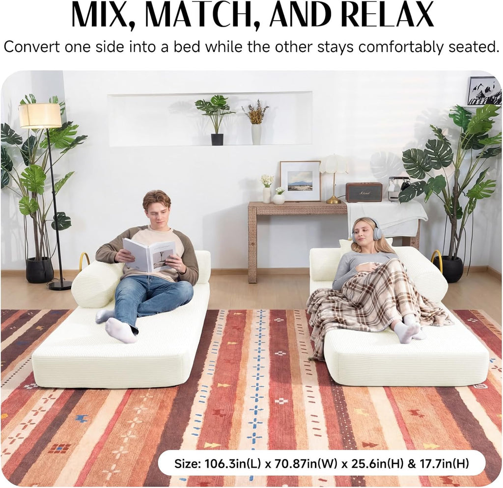 79" Corduroy Sofa Bed, Boneless Couch in a Box with 2 Pillows, High-Density Foam 4-in-1 Foldable Sleeper Futon Loveseat for Small Spaces, No Assembly, Side Pockets, Hex Arm White