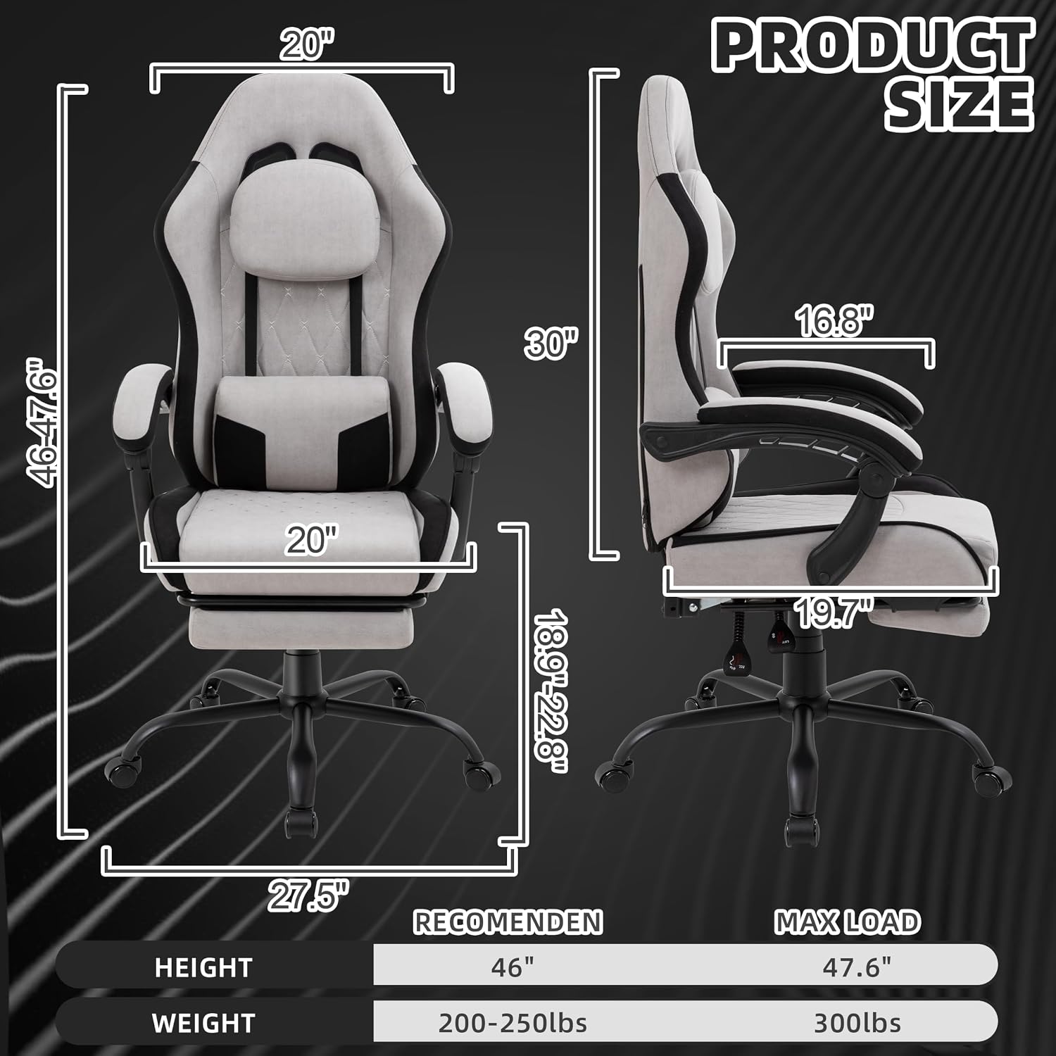Gaming Chair for Adults, Fabric Gaming Chair with Footrest and Pocket Spring Cushion, Ergonomic Gamer Chair with Lumbar Support, Reclining Computer Gaming Chair with High Back, Grey