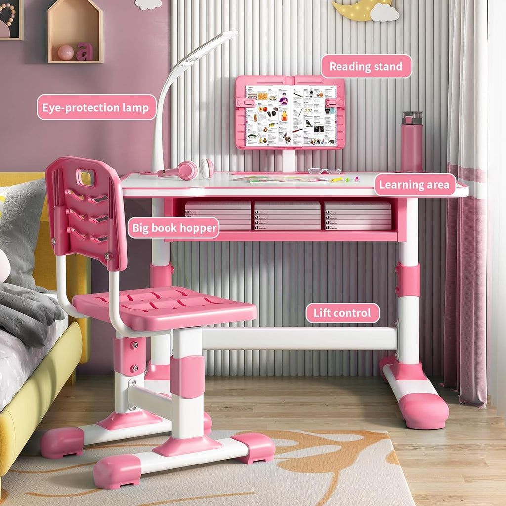 Table and Chair Set with Bookstand for Kids, Height-Adjustable Functional Desk and Chair Set, Study Table for Boys Girls, Children Study Desk, School Study Table for Writing Reading Pink