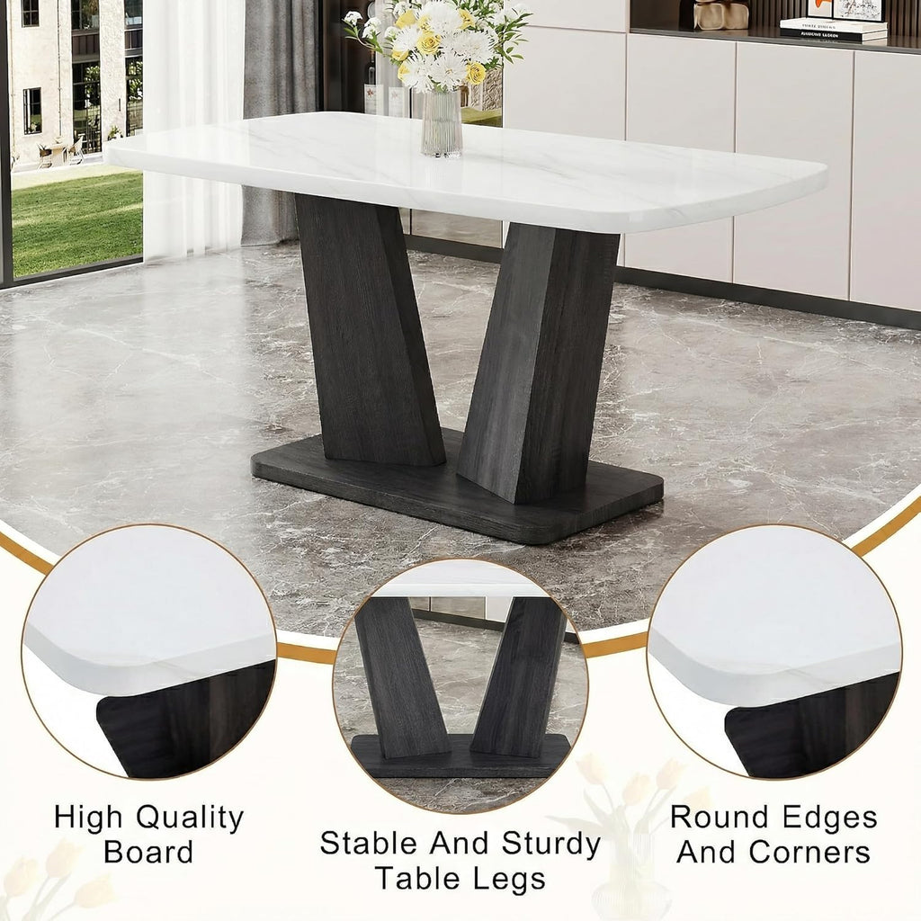 63" White Modern Dining Table Set for 6,6-Piece Faux Marble Dining Room Table Set with 4 Tufted High-Back Upholstered Chairs and Bench,18" Thick Kitchen Table with Bench and Chairs Set for Family