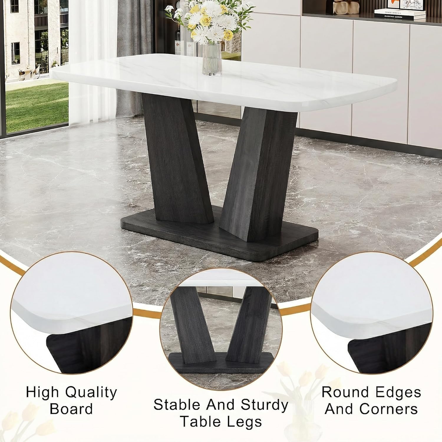 63" White Modern Dining Table Set for 6,6-Piece Faux Marble Dining Room Table Set with 4 Tufted High-Back Upholstered Chairs and Bench,18" Thick Kitchen Table with Bench and Chairs Set for Family