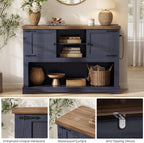 LIKIMIO Farmhouse Entryway Table with Power Outlets, 47.2" Rattan Console Table with Adjustable Storage Shelves & Rattan Doors Cabinet, Sofa Table for Entry, Living Room, Hallway, Foyer, Blue