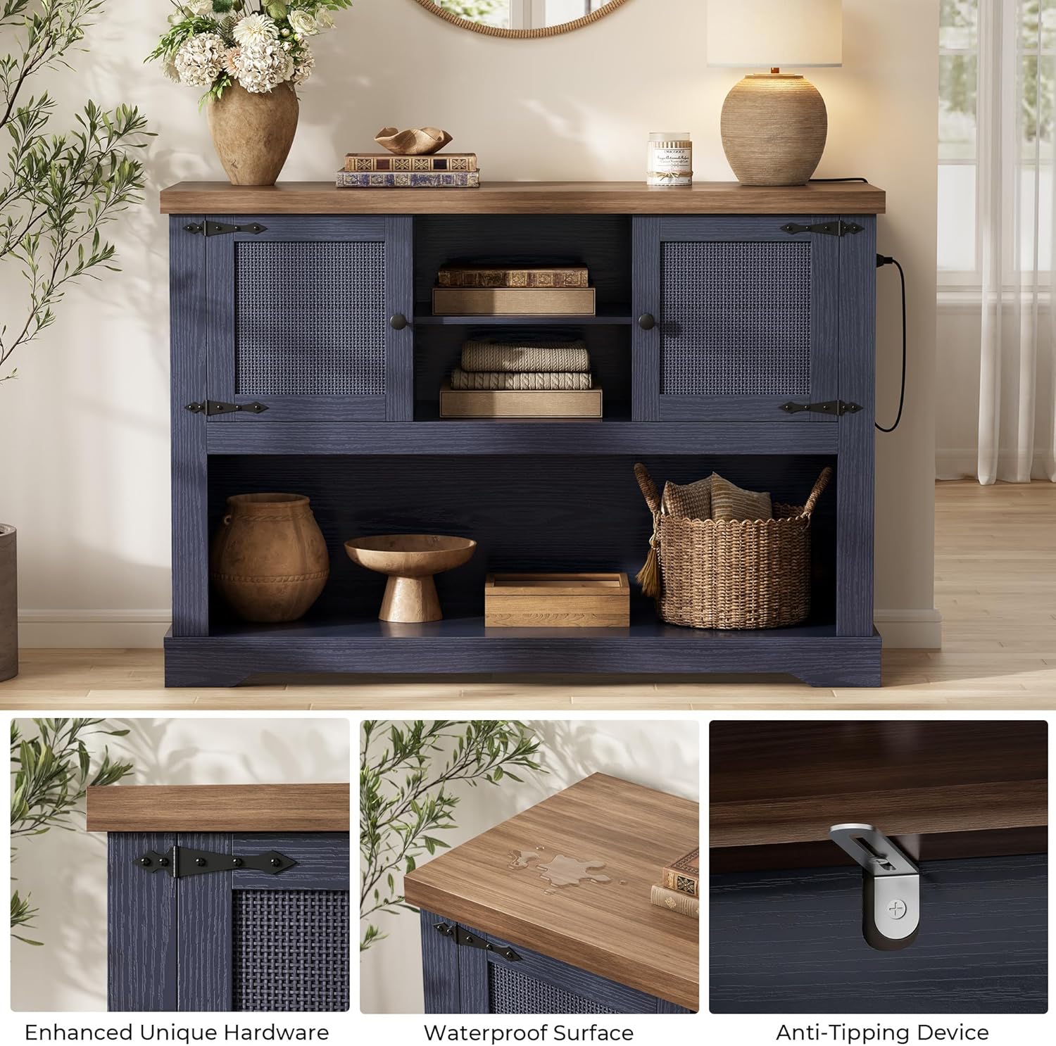 LIKIMIO Farmhouse Entryway Table with Power Outlets, 47.2" Rattan Console Table with Adjustable Storage Shelves & Rattan Doors Cabinet, Sofa Table for Entry, Living Room, Hallway, Foyer, Blue