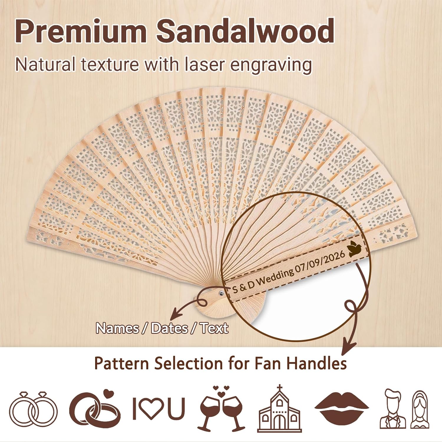100 Pcs Custom Engraved Hand Fans for Wedding Guests, Personalized Wooden Folding Fans in Bulk, Ideal Favors for Bridal Shower, Baby Shower or Summer Party