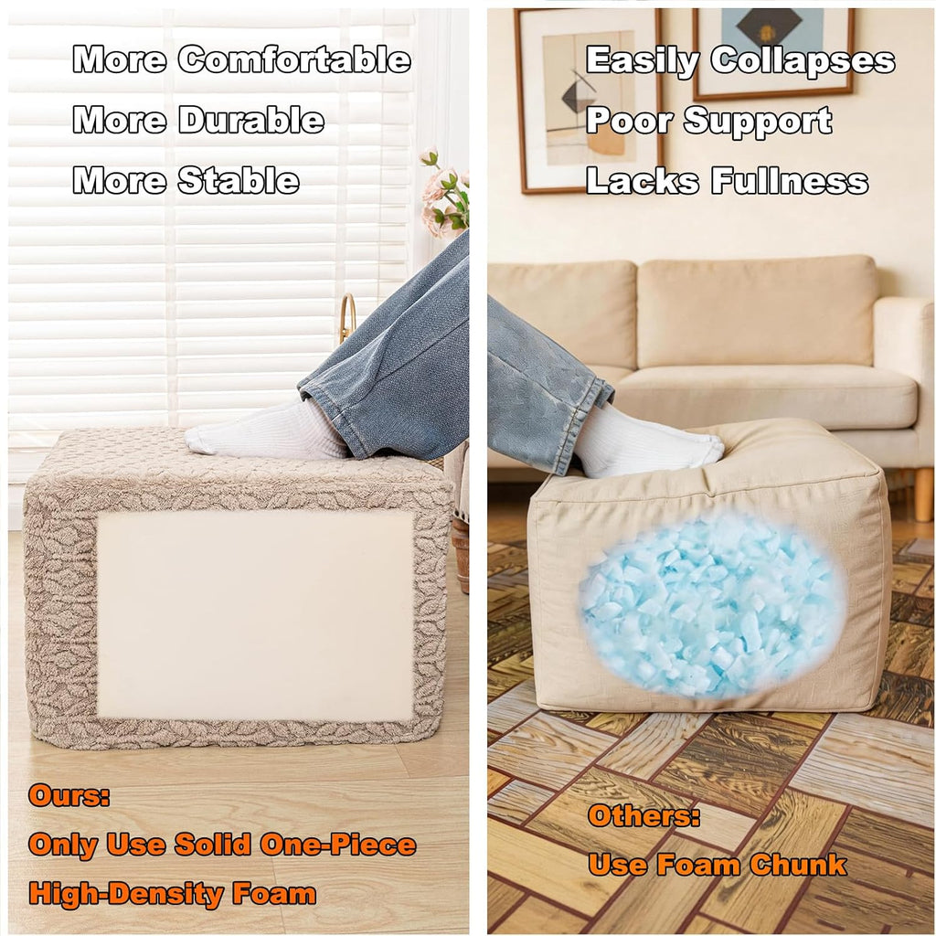 Square Stuffed Pouf Ottoman Poufs with One-Piece Seamless Foam Filling, Furry and Fluffy Pouf Foot Stool, 20 X 14 Floor Poufs Ottoman Foot Rest for Living Room (Light Coffee)