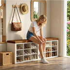 ITEFDTUTNE Entryway Bench with Shoe Storage, 59" Wood Shoe Storage Bench with Cushion (18 Cubbies) for Hallway Living Room Bedroom