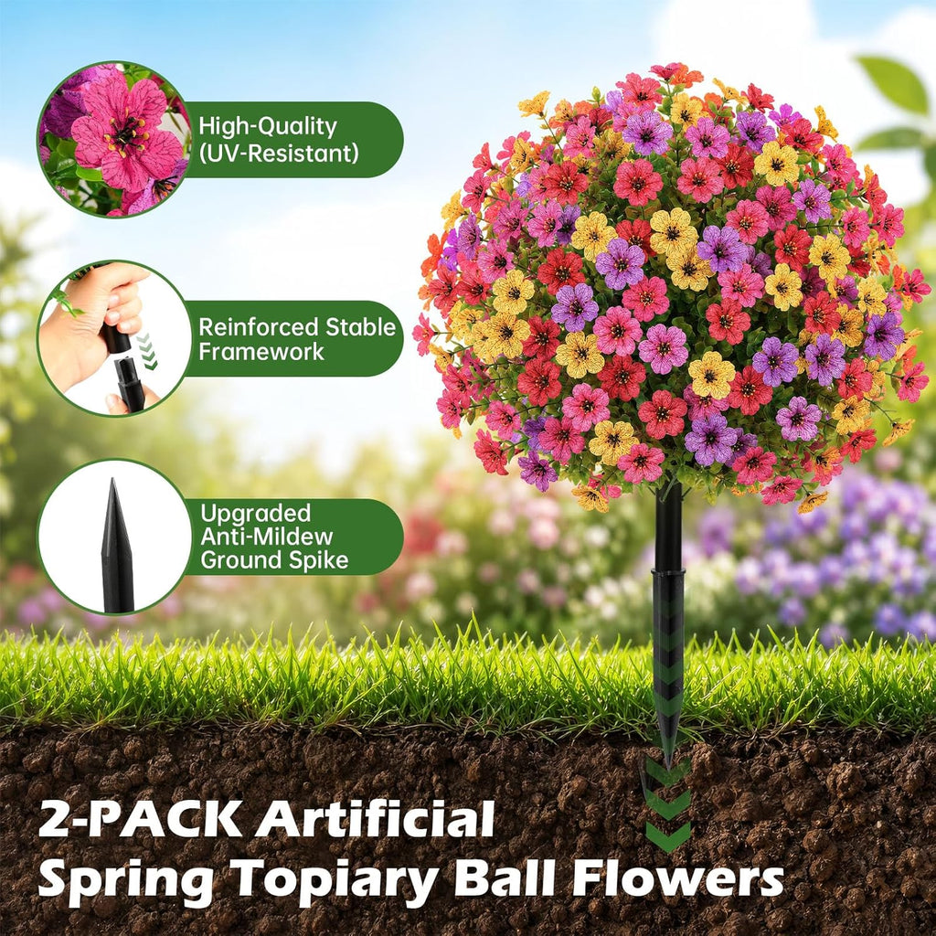 2Pcs 22" Artificial Topiary Ball Flowers for Outdoors Planters, Spring Summer Decoration, UV Resistant Faux Floral Greenery, Fake Shrubs Bushes for Indoor Outdoor Garden Yard Porch Patio Home Decor