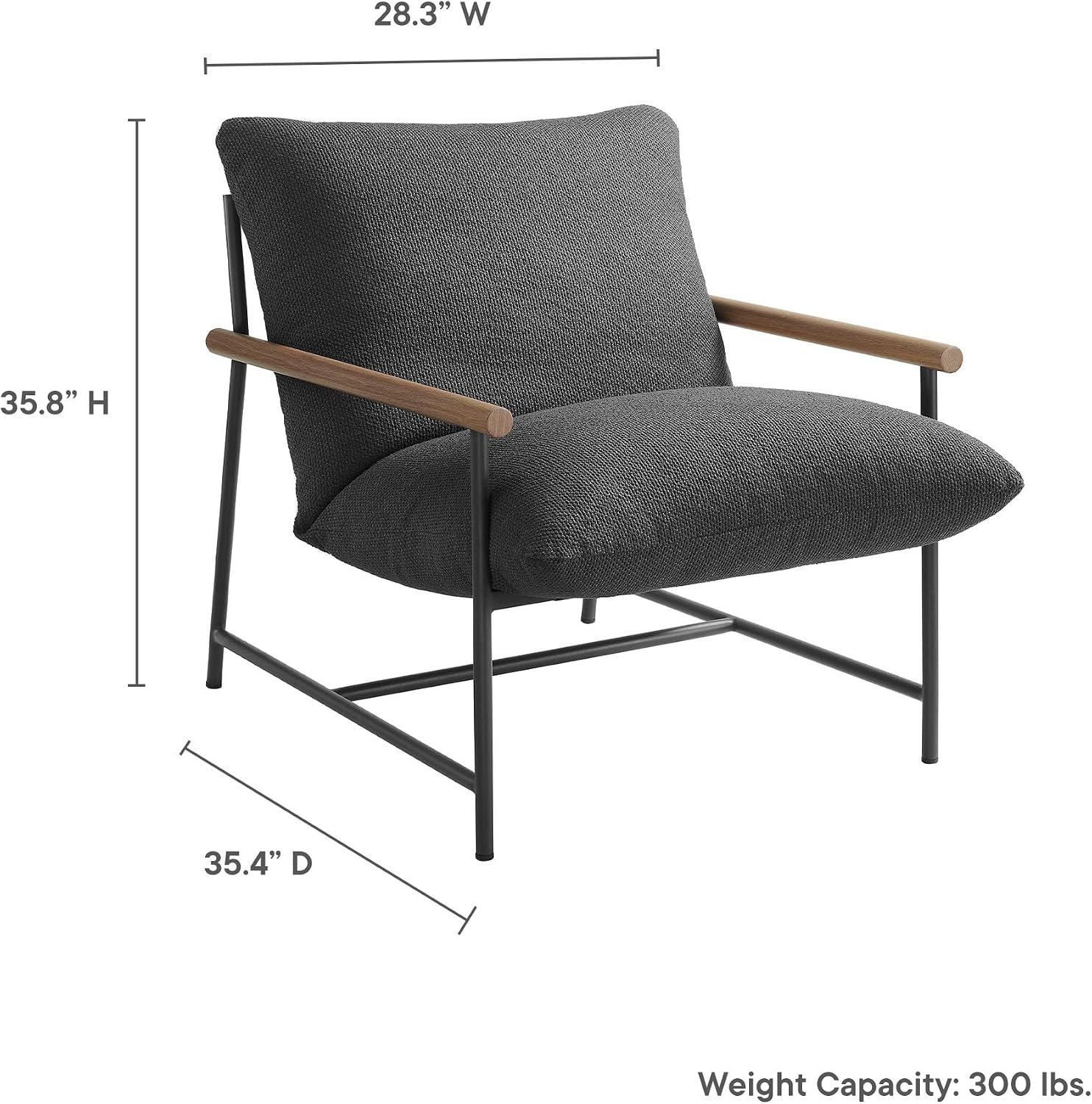 Modway Raya Outdoor Patio Boucle Sling Chair in Charcoal - Comfy Sling Accent Chair - Metal Frame Lounge Chair with Removable Boucle Cushion and Faux Wood Arms for Porch, Deck, Backyard
