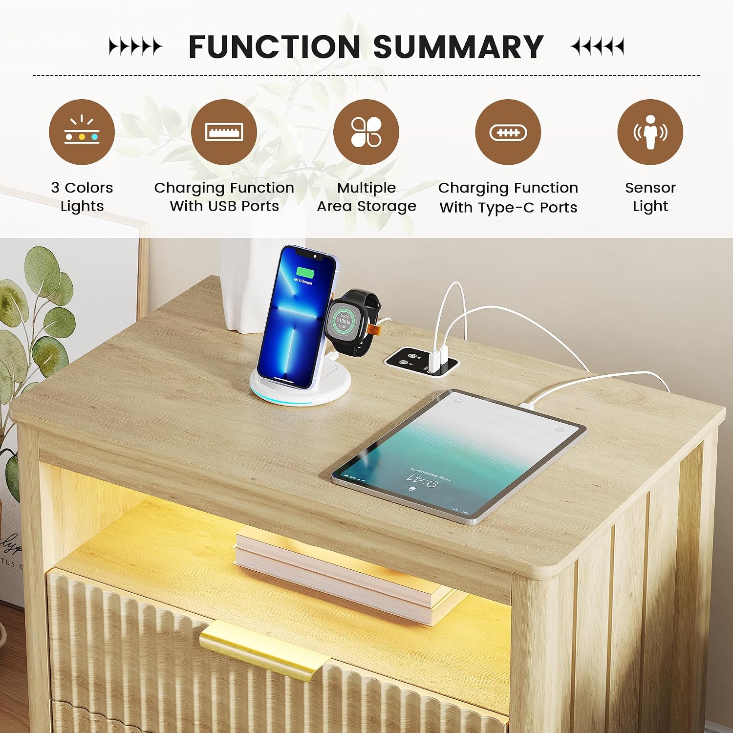 Gurexl 3-Color LED Sensor Nightstand with Gun Drawer, Charge Station, Wood
