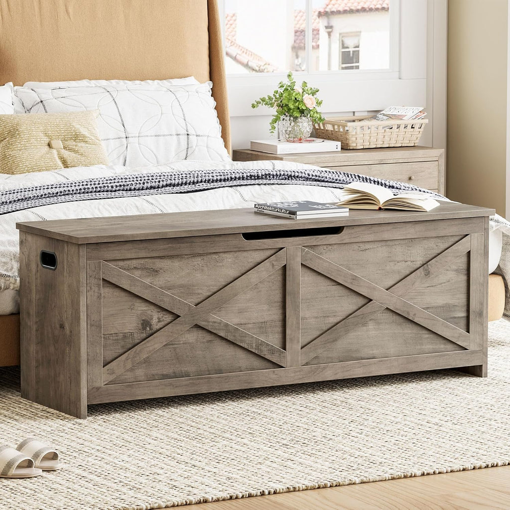 IDEALHOUSE 47.3" Storage Chest, Toy Chest for Kids, Wooden Large Toy Box, Storage Bench with Safety Hinge, Farmhouse Storage Trunk for Entryway, Living Room, Bedroom, Playroom,Washed Grey