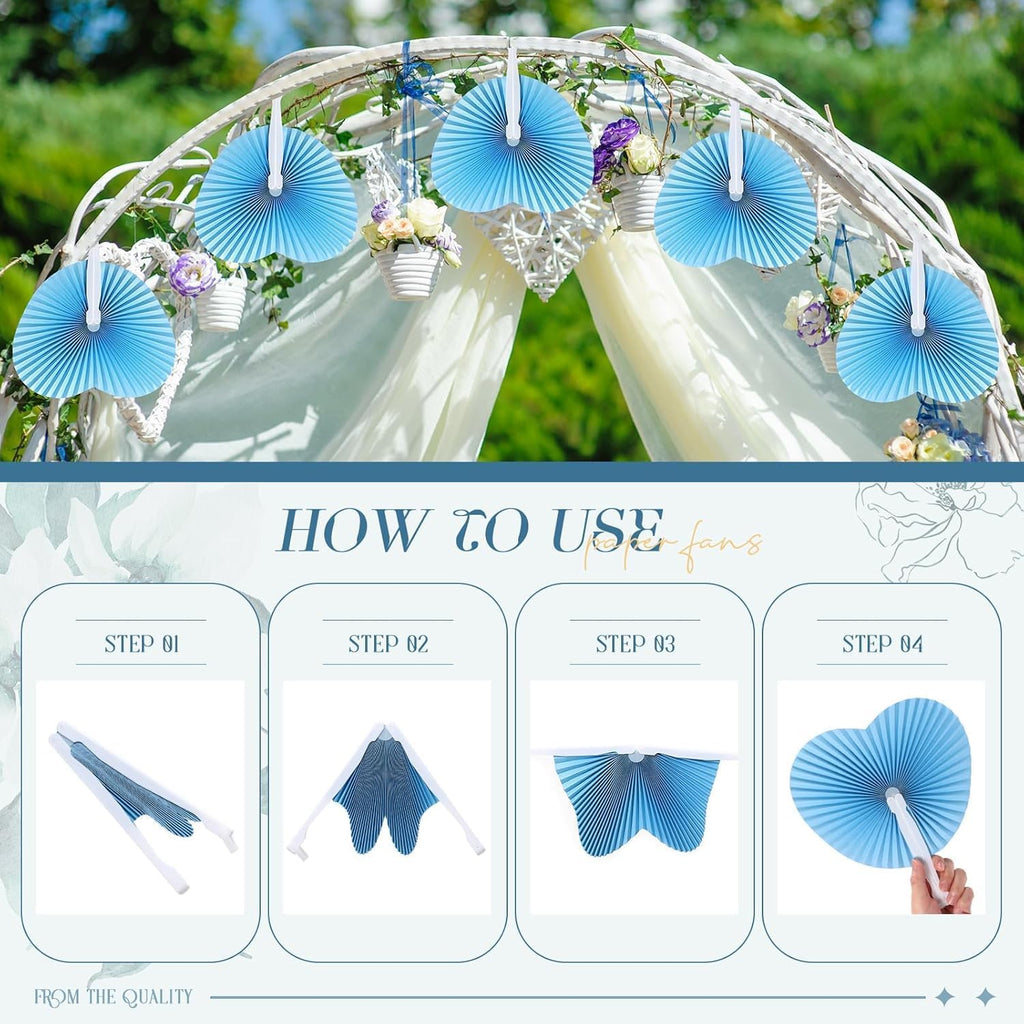 5Pcs Heart-Shaped Paper Fans, Foldable Handheld Fans for Wedding, Bridal Shower, Party Favors & Decorations, Blue/Pink
