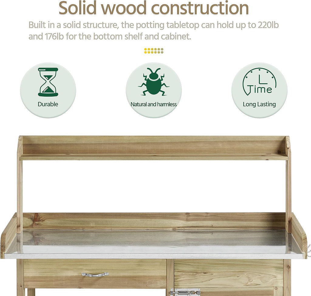 costoffs Potting Bench Wood Garden Potting Table with Cabinet and and Drawers Outdoor Metal Surface Work Bench for Greenhouse with Hooks and Shelf, Light Green