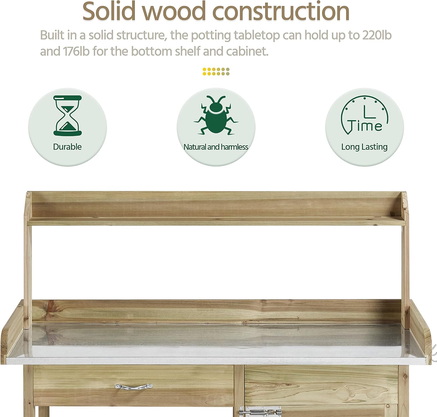 costoffs Potting Bench Wood Garden Potting Table with Cabinet and and Drawers Outdoor Metal Surface Work Bench for Greenhouse with Hooks and Shelf, Light Green