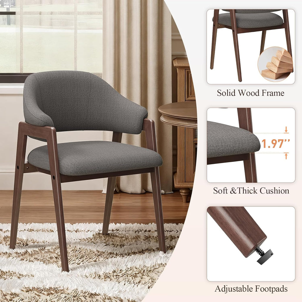 MALOL Wooden Dining Chairs Set of 2, Modern Fabric Upholstered Dining Room Chair, Kitchen Side Chairs, Farmhouse Dinner Chair with Curved Open Back for Kitchen, Grey
