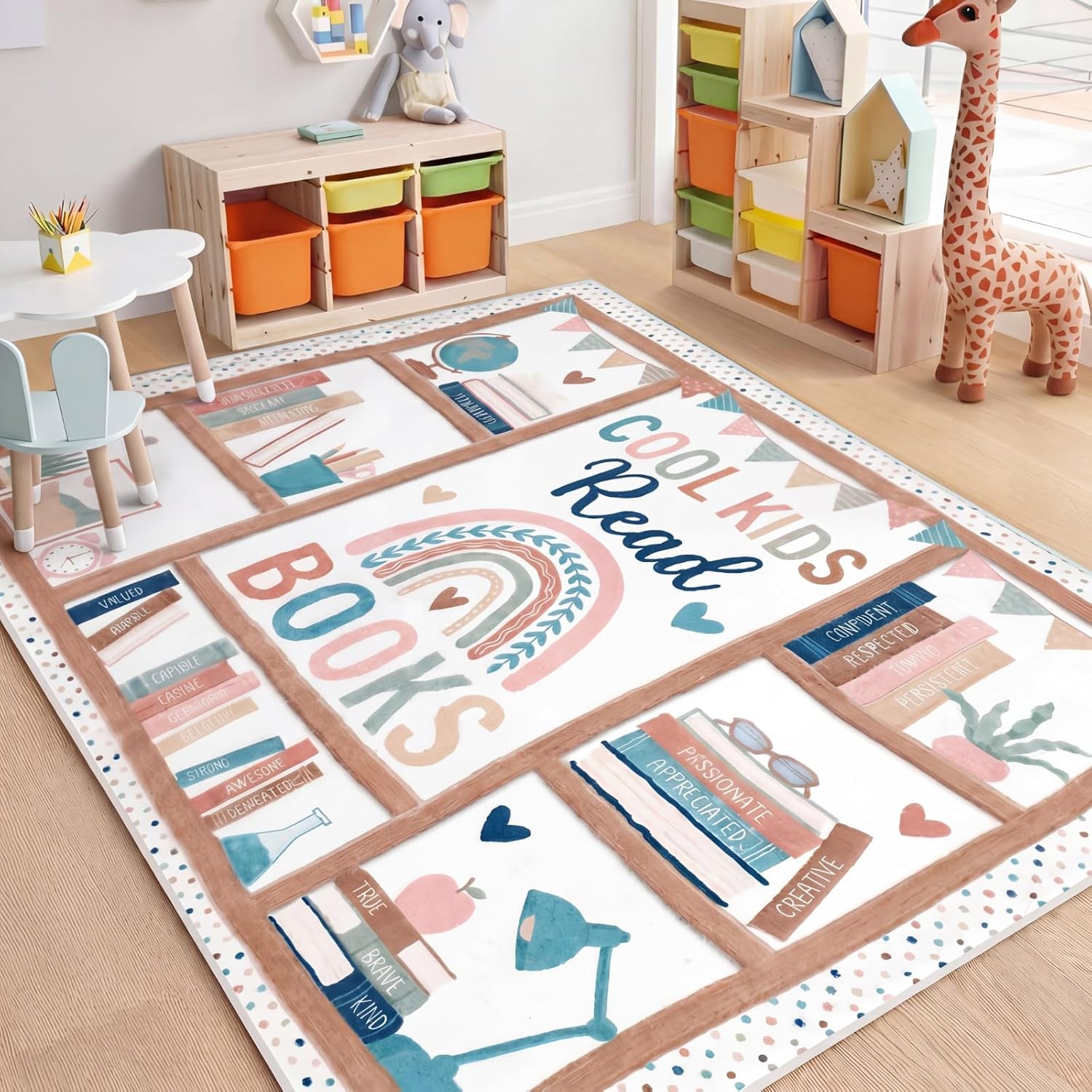 3.3 x 3.9 ft Boho Classroom Rug Library Reading Rug Calming Corner Mat Bookshelf Mental Health Area Washable Non Slip Soft Fluffy Carpet for School Bedroom Living Room Playroom