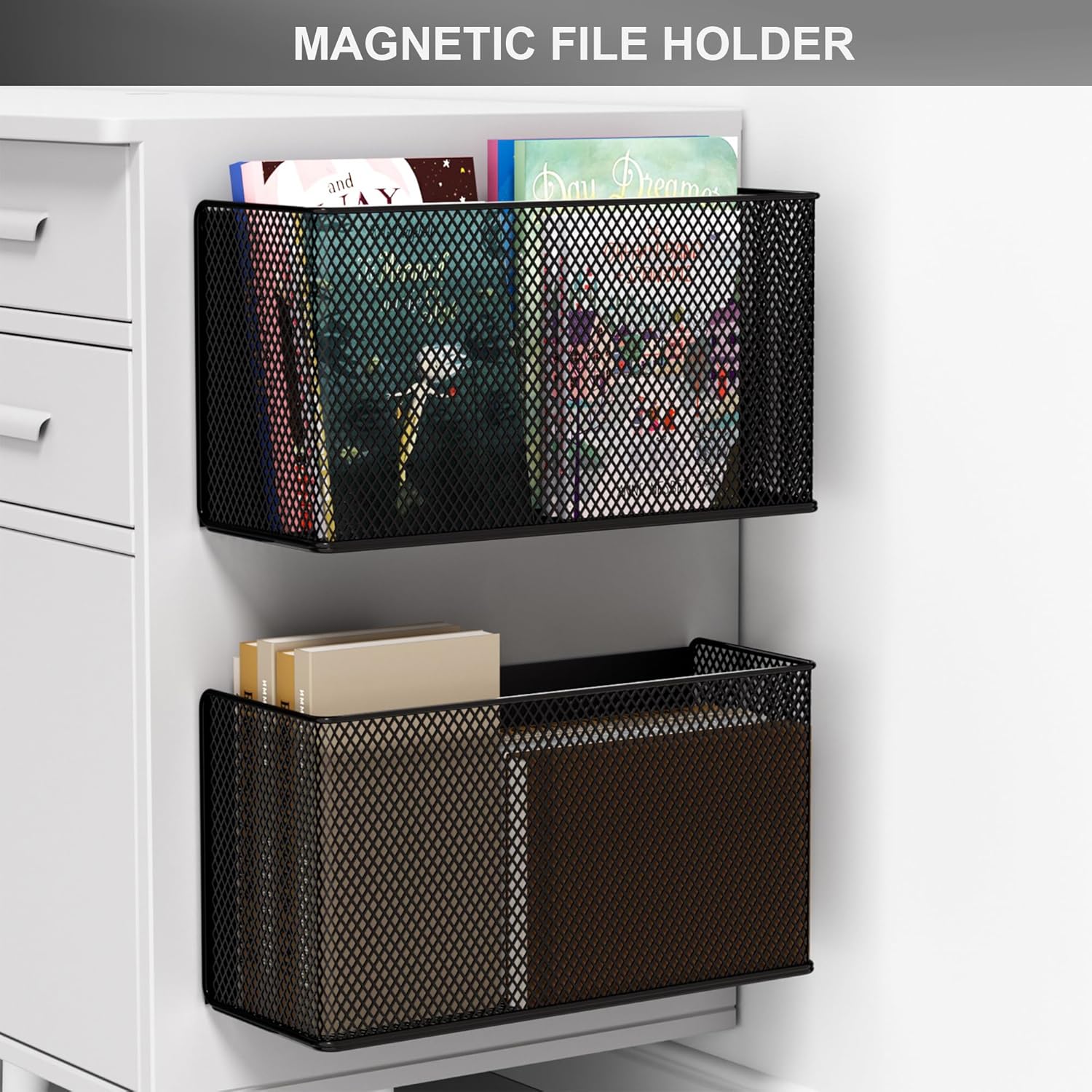 Magnetic Baskets Shelf Bins Organizer Holder Storage Rack Containers for Fridge, Whiteboard, Locker - Home Kitchen Laundry Office School ((1-Pack) Black/XL)