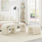 3-Piece Modern Ottoman Bench Set, 44" Wide Teddy Upholstered End of Bed Bench with 2 Foot Stools, Padded U-Shaped Entry Bench Vanity Stool for Living Room Bedroom (Cream)