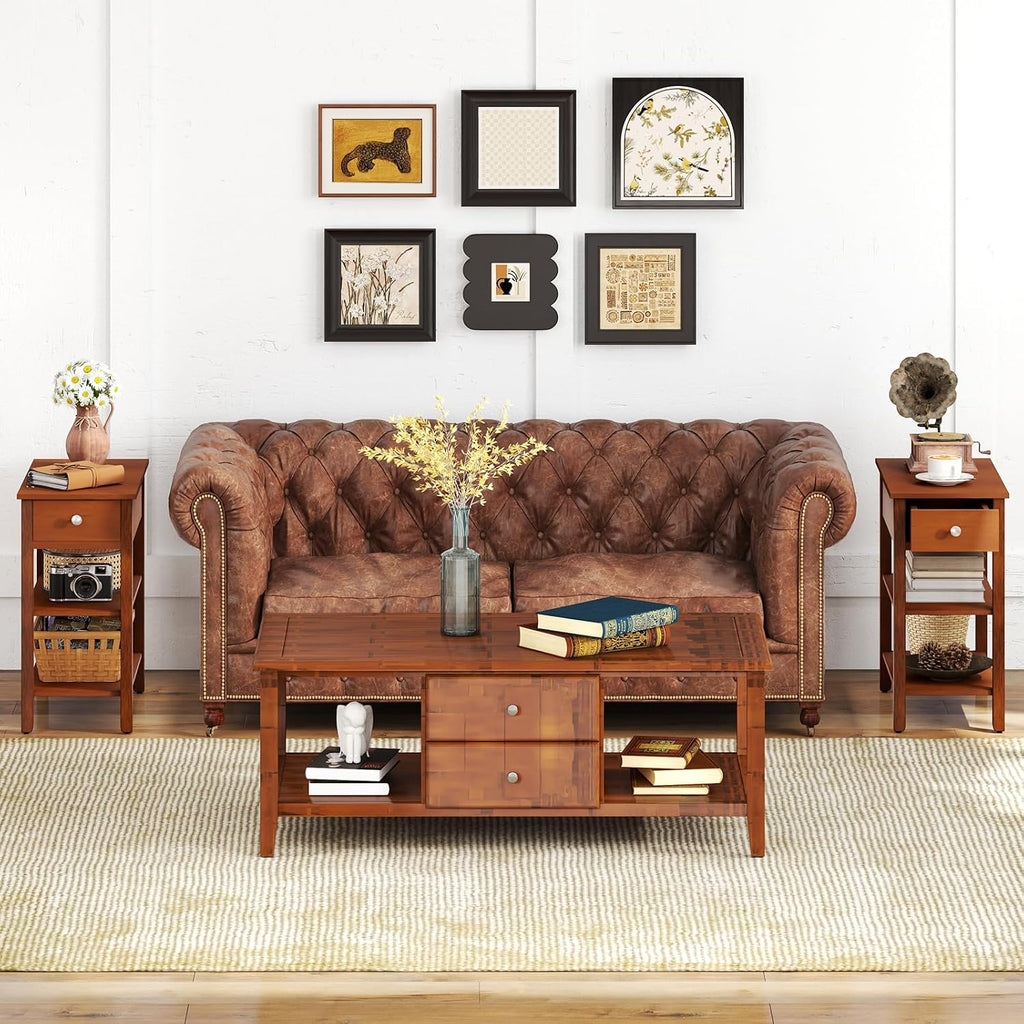 Giantex Narrow End Table Set of 2, Farmhouse Side Tables with Drawer & Storage Shelves, Wood Sofa Side Tables, 3-Tier Nightstands for Small Space, Living Room, Bedroom, 23.5"L x 12"W x 24.5"H, Brown