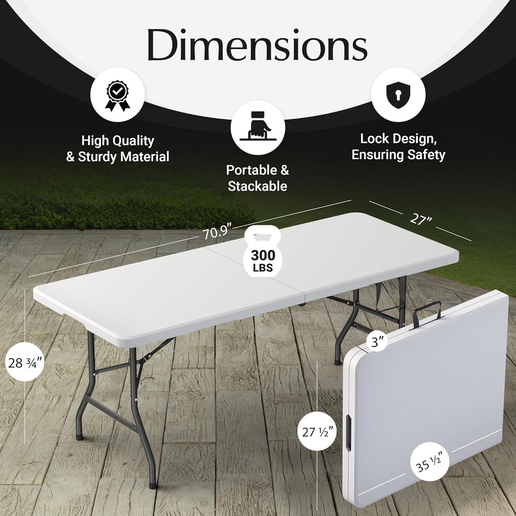 2 Pack of 6 Feet Foldable Table with Built in Handle & Steel Legs | Heavy Duty Portable | Perfect for Party, Dining, Wedding, Events, Picnic Indoor, Outdoor, Camping, Utility, Temporary