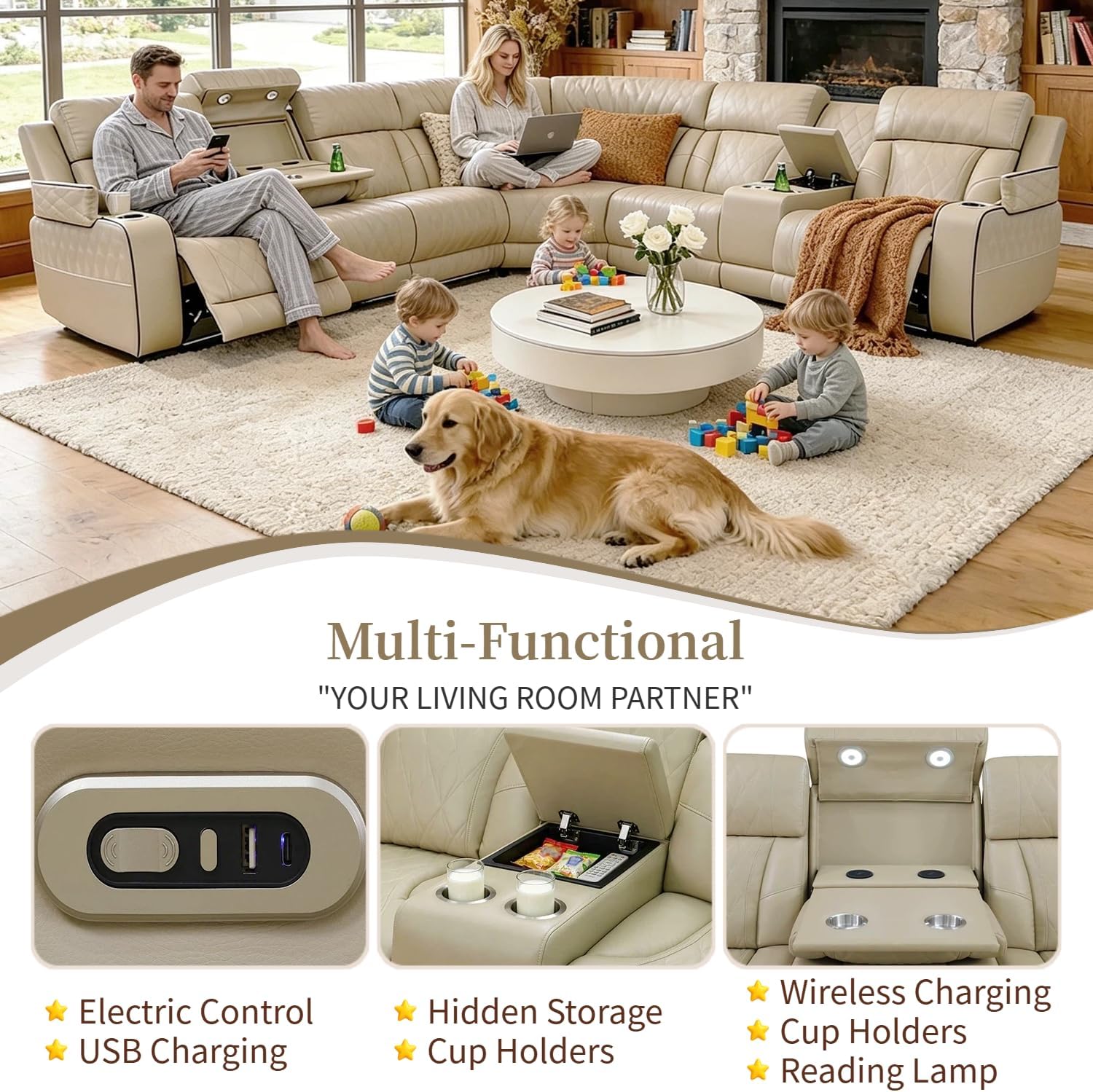 Power Reclining Sectional Sofa Set, Living Room Furniture Sets, Breathing Leather Sectional Couch and Loveseat with 4 Recliners, LED Light, USB Charging Port & Storage for House/Home Theater
