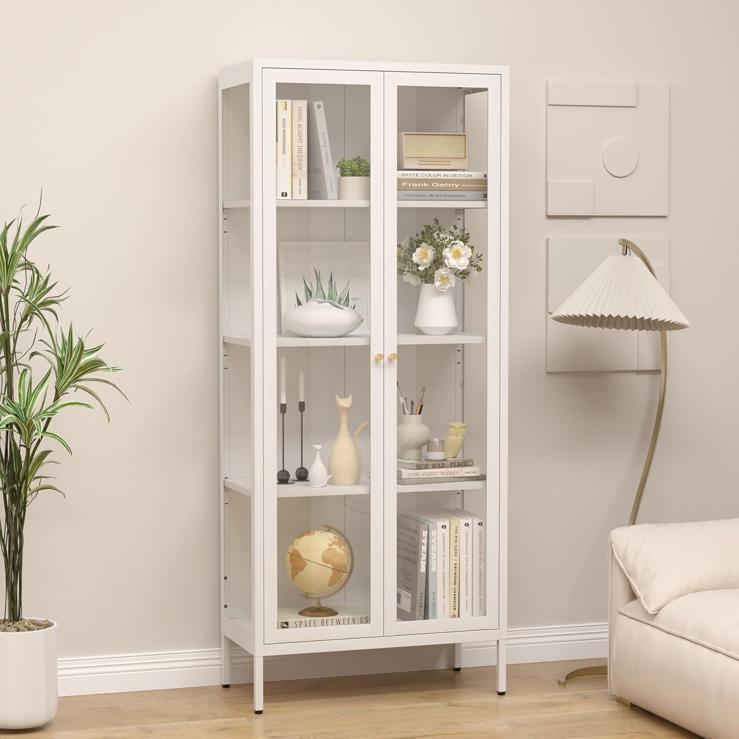 SteeLoong 66" Display Cabinet with Tempered Glass,Metal Curio Cabinet with Glass Doors,4-Tier Display Case for Collectibles,Trophy,Plant,White Storage Cabinets for Living Room - Assemble Required