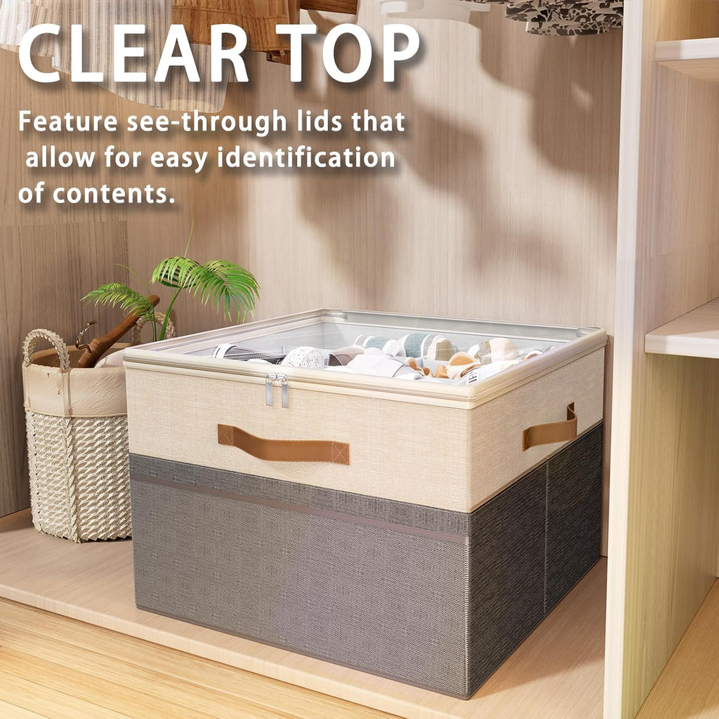 Shoe Organizer for Closet, 2 Pack Foldable Shoe Storage Organizer Box Bin with Adjustable Dividers and Clear Cover, Fits up to 16-32 Pairs（Grey&Beige）