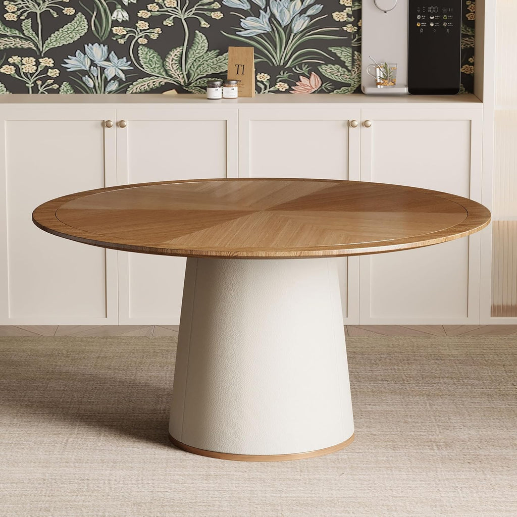 Round Faux Leather Base Dining Table for 4-6 People, Modern Wood Kitchen Table with Solid Veneer Top, Walnut, 59.05" (59.1 inches (Diameter) x 29.8 inches (Height))