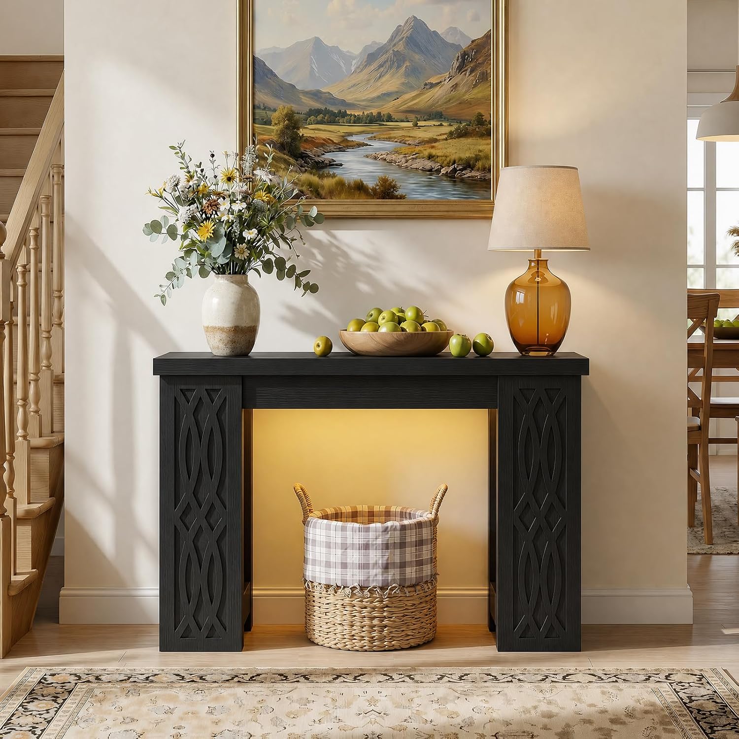 Cyclysio 39" Farmhouse Console Table with Charging Station, Entryway Table with Colorful LED Lights, Wooden Sofa Table with Unique Carved Design, Foyer Accent Table for Entrance, Hallway, Living Room