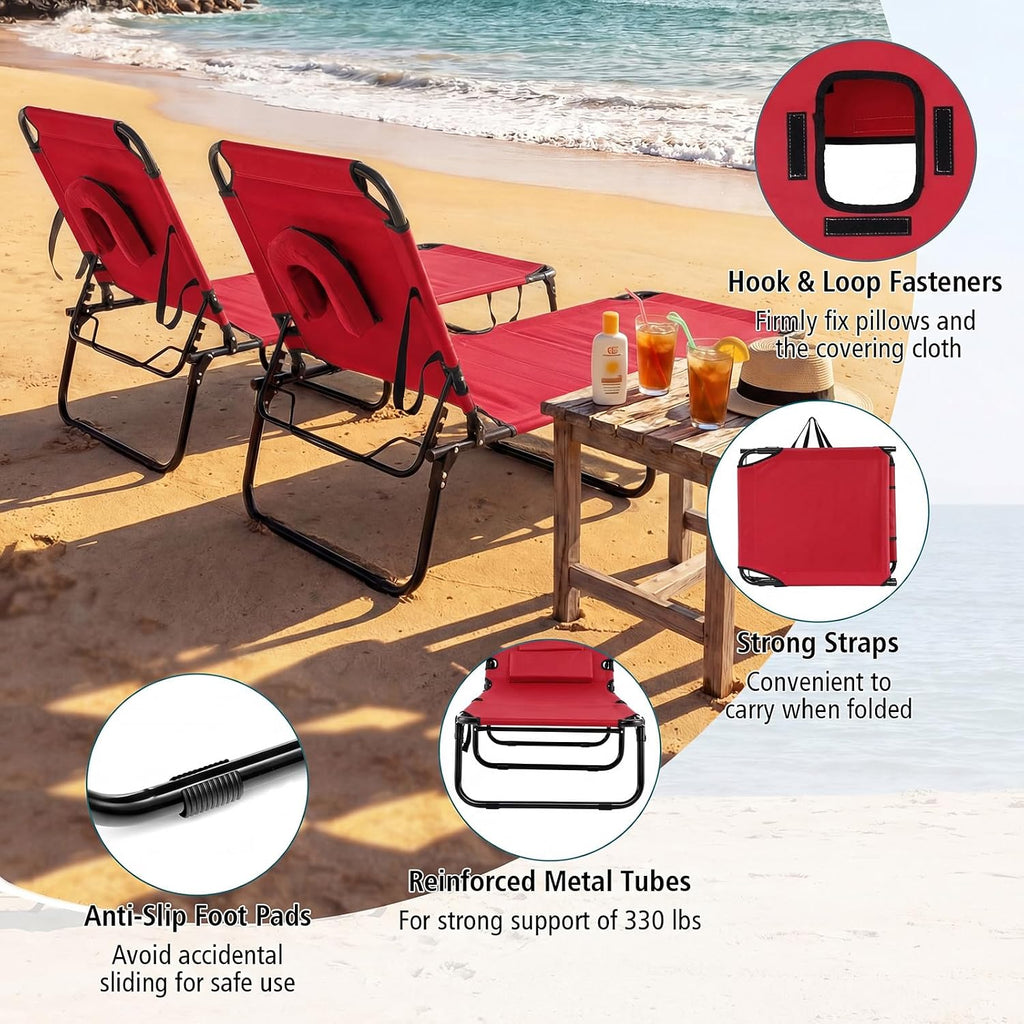 Tangkula Beach Lounge Chair, Folding Sunbathing Recliner with Face Hole, Face Down Tanning Chair with 4-Level Adjustable Backrest & 3 Removable Pillows, Chaise Lounge Chair for Patio (1, Red)