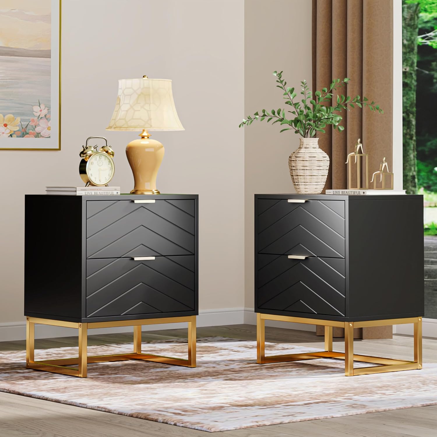 Black Nightstands Set of 2 Modern Night Stand Set 2 with 2 Drawers for Bedroom Bedside Night Tables with Gold Handles Side End Table with Gold Matel Legs