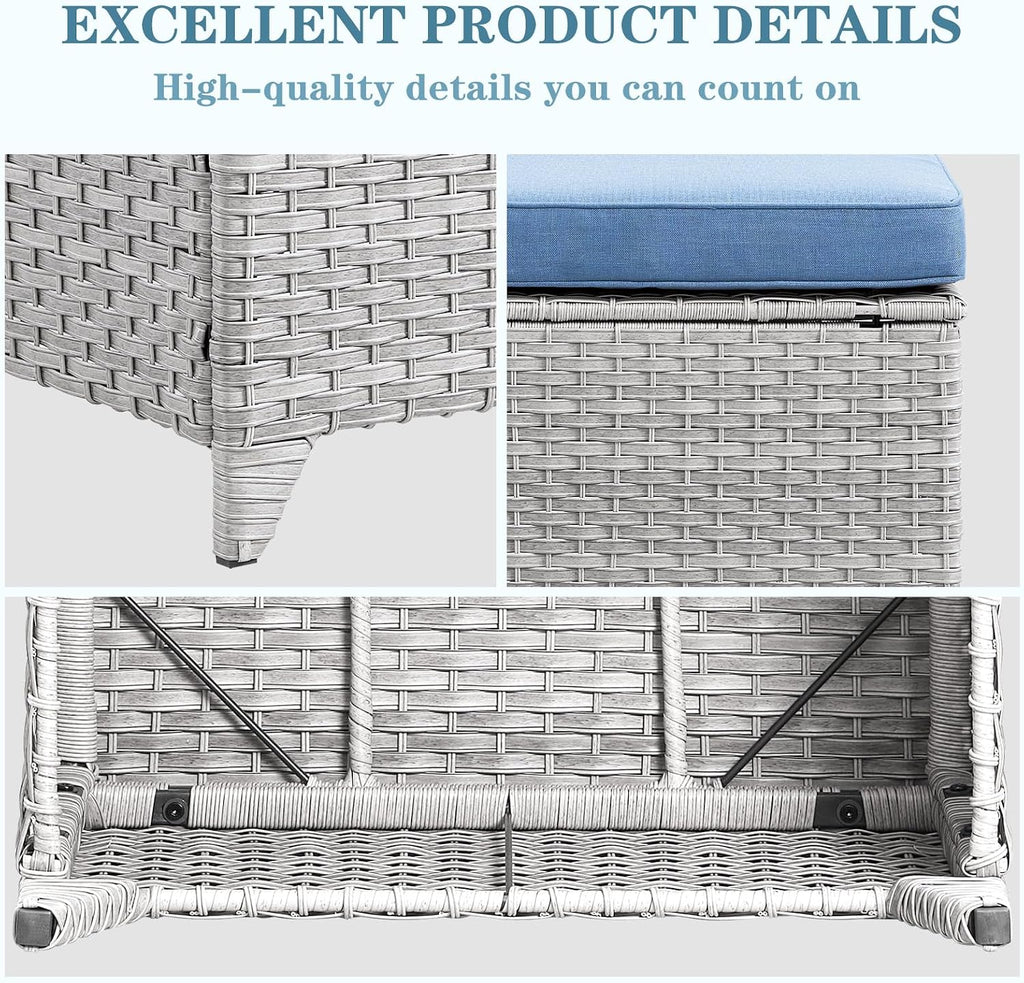 Wicker Outdoor Ottomans Set of 2 - Handwoven Rattan Outdoor Footrests for Patio, All Weather Footstools with Removable Cushions for Porch, Balcony, Deck & Garden - Light Gray/Baby Blue